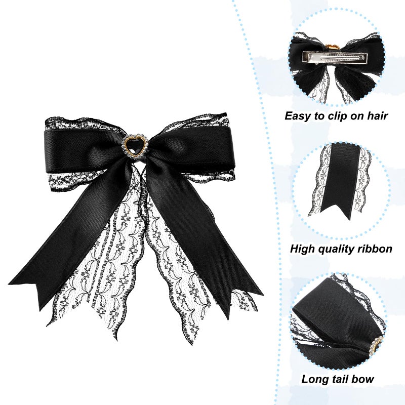 BOHUIZ 2 Pcs Black Lace Hair Bow Clips for Women, Cute Lace Bows for Hair with Tail Ribbon for Wedding Halloween Gothic Dress Decor Accessories Gift - Image 3